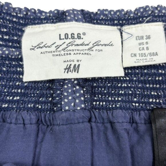 LOGG H&M Navy Polka Dot Paisley Cotton Smocked Skirt Boho Festival Airy Light 6 - Picture 2 of 12